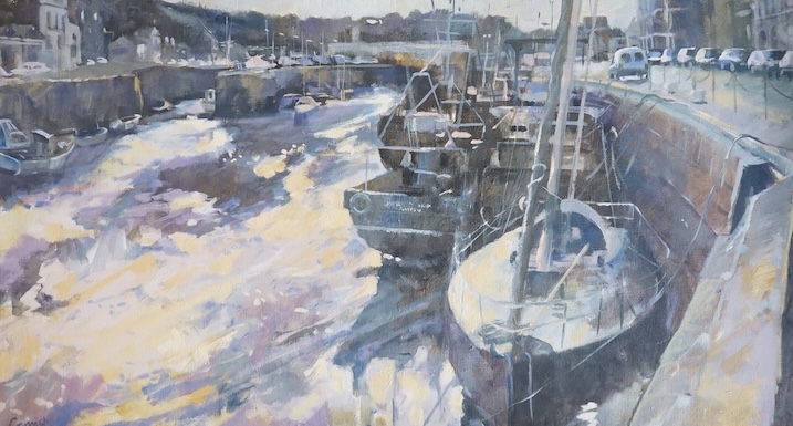 Amanda Cornish (b.1966-), oil on canvas, Douglas Harbour, signed, 44 x 80cm. Condition - good